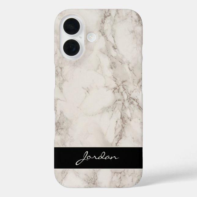 Funda iPhone 16 Piedra de mármol blanco pulido con nombre (Reverso )