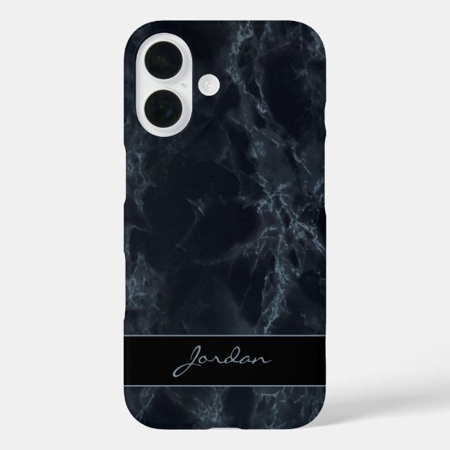 Funda iPhone 16 Piedra de mármol pulido azul medianoche con nombre (Reverso )