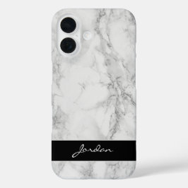 Funda iPhone 16 Piedra de mármol pulido blanco y gris con nombre