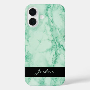 Funda iPhone 16 Piedra de mármol pulido verde de menta con nombre