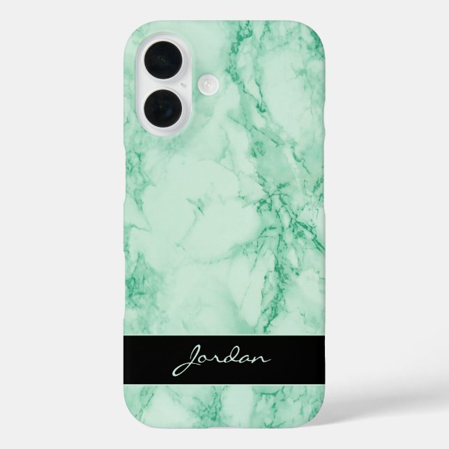 Funda iPhone 16 Piedra de mármol pulido verde de menta con nombre (Reverso )