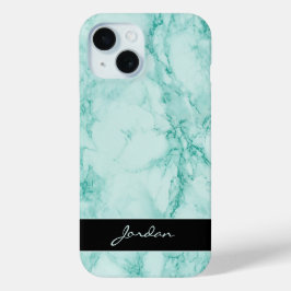 Funda iPhone 16 Piedra de mármol pulido verde marino con nombre