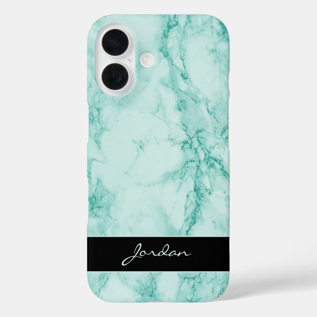 Funda iPhone 16 Piedra de mármol pulido verde marino con nombre (Reverso )