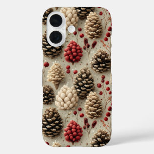 Funda iPhone 16 Pineconas de invierno y Berries rojas