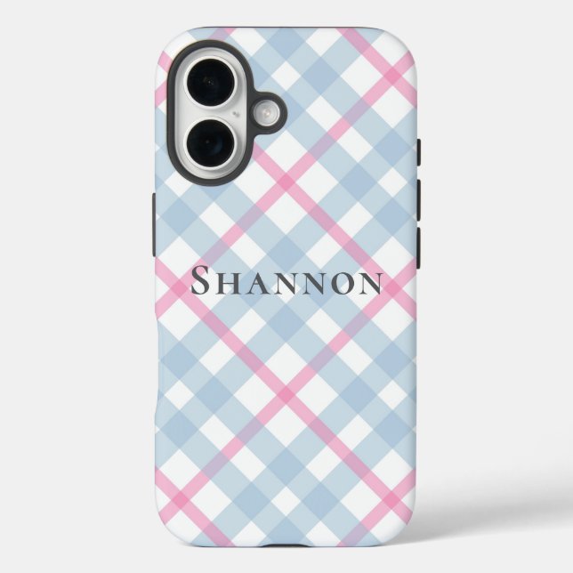 Funda iPhone 16 Pink and Blue Plaid Personalized Name (Reverso )