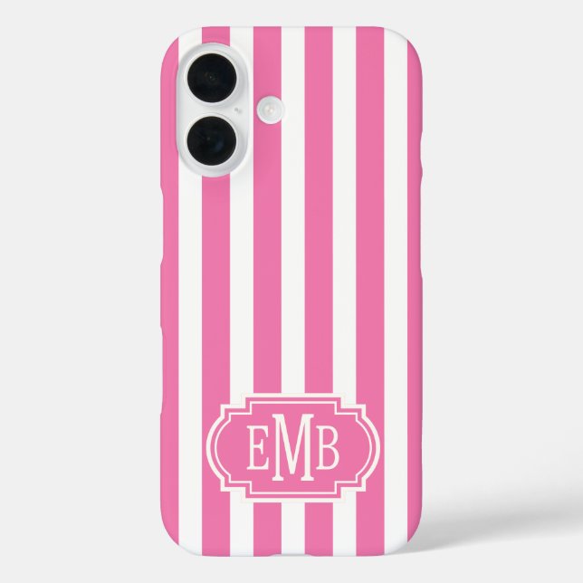 Funda iPhone 16 Pink and White Monogrammed Stripes (Reverso )