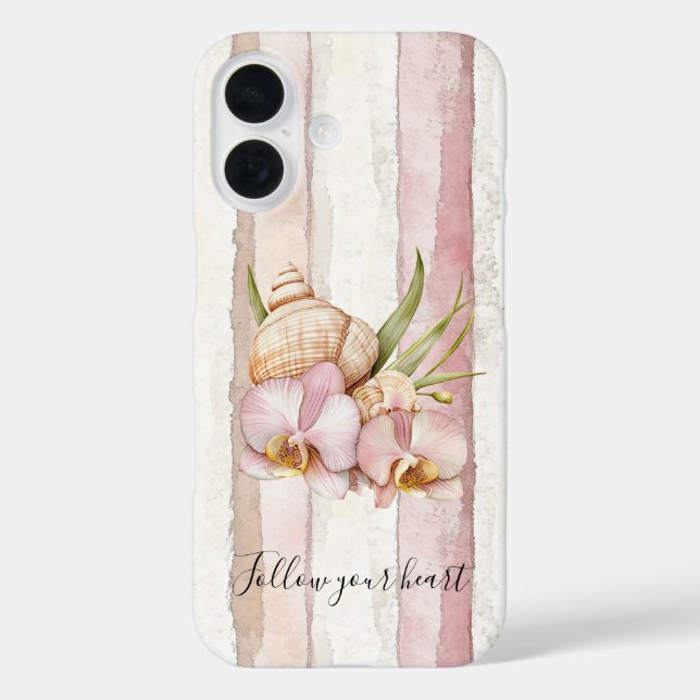 Funda iPhone 16 Pink Blush Cream Stripes Orchid Flowers (Reverso )
