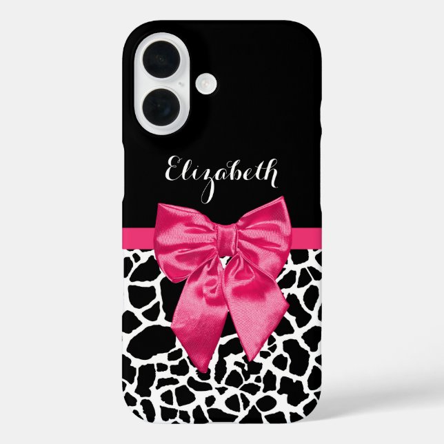 Funda iPhone 16 Pink Bow Giraffe Animal Print in Black and White (Reverso )