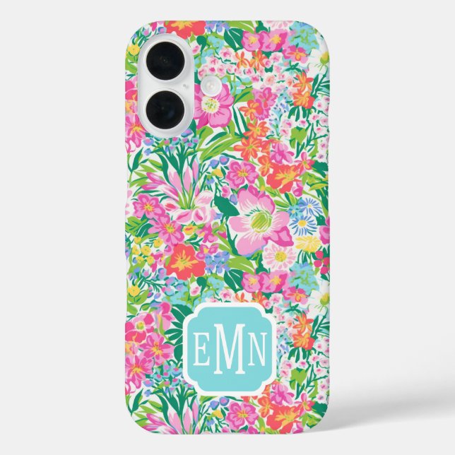Funda iPhone 16 Pink Floral Garden Monogrammed (Reverso )