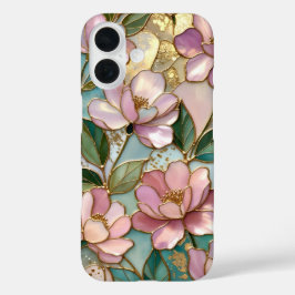 Funda iPhone 16 Pink Floral iPhone Case Stained Glass Gold Design