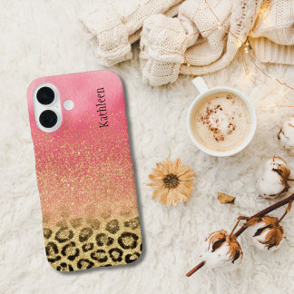 Funda iPhone 16 Pink Gold Glitter Leopard Print Monogrammed Name