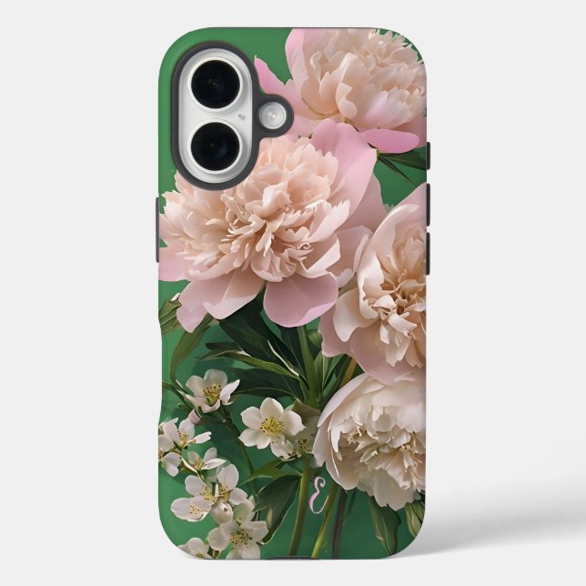 Funda iPhone 16 Pink Peonies Monogram Name Personalized (Reverso )
