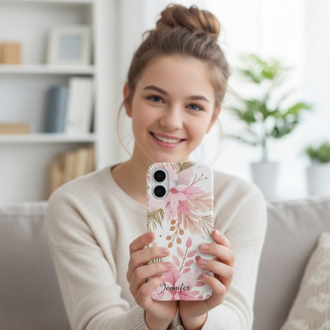 Funda iPhone 16 Pink Winter Poinsettia Floral iPhone Case | (Subido por el creador)