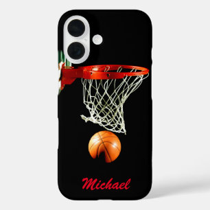 Funda iPhone 16 Pintura de baloncesto tu nombre rojo blanco negro