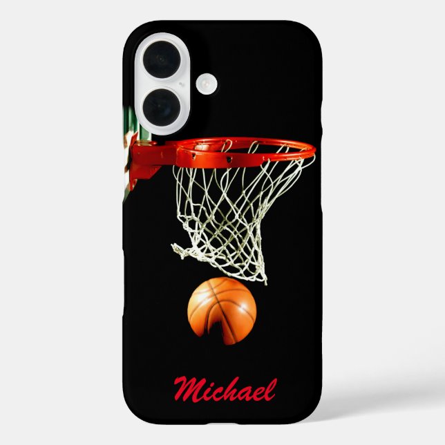 Funda iPhone 16 Pintura de baloncesto tu nombre rojo blanco negro (Reverso )