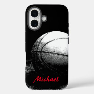 Funda iPhone 16 Pintura de baloncesto tu nombre rojo blanco negro