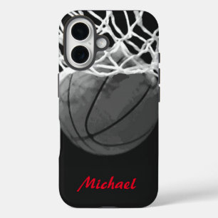 Funda iPhone 16 Pintura de baloncesto tu nombre rojo blanco negro