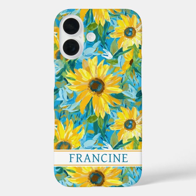 Funda iPhone 16 Pintura de girasoles monogramada (Reverso )