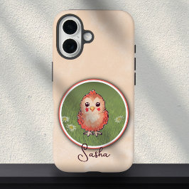 Funda iPhone 16 Pintura de pájaro bebé rosa lindo con nombre perso