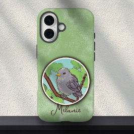 Funda iPhone 16 Pintura de pájaro gris verde lindo con nombre pers
