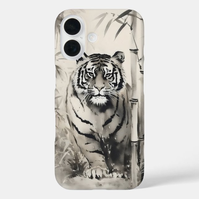 Funda iPhone 16 Pintura de tinta de bambú de tigre (Reverso )