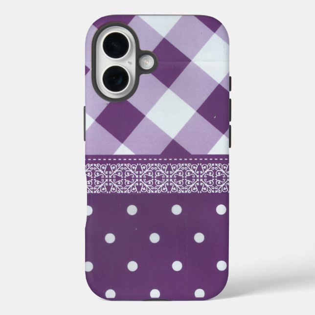 Funda iPhone 16 Pintura morada de damasco floral de punto de polka (Reverso )