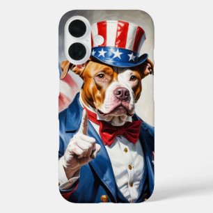 Funda iPhone 16 Pitbull patriótico en pose de Tío Sam
