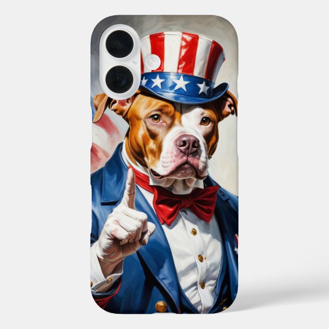 Funda iPhone 16 Pitbull patriótico en pose de Tío Sam (Reverso )