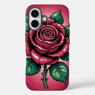 Funda iPhone 16 Pixel Rose – Arte Floral Retro