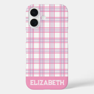 Funda iPhone 16 Plaid Varsity Moderno Elegante Fuente Rosa Purpura