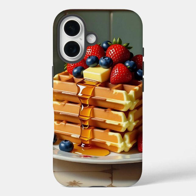 Funda iPhone 16 Plato Antiguo de Waffles con Fresas (Reverso )