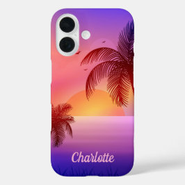 Funda iPhone 16 Playa púrpura tropical al atardecer