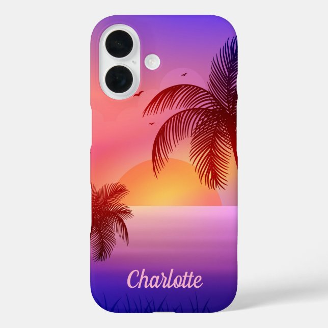 Funda iPhone 16 Playa púrpura tropical al atardecer (Reverso )
