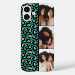Funda iPhone 16 Plus 3 Foto Estampado De Leopardo Teal Y Dorado