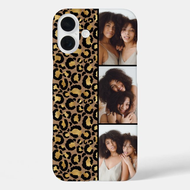 Funda iPhone 16 Plus 3 Foto Marrón Y Dorado Estampado De Leopardo (Reverso )