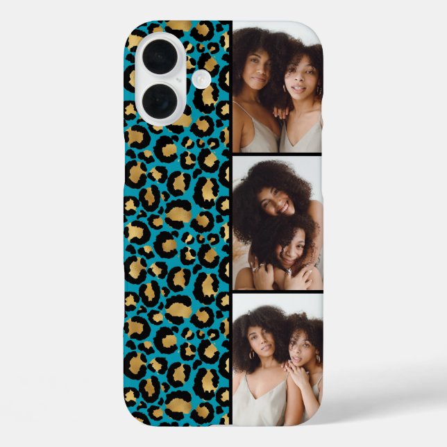 Funda iPhone 16 Plus 3 Photo Teal And Gold Leopard Print (Reverso )