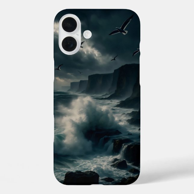 Funda iPhone 16 Plus Acantilados costeros durante una tormenta (Reverso )