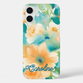 Funda iPhone 16 Plus Acuarela flores silvestres naranja azul verdoso
