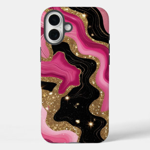 Funda iPhone 16 Plus Ágata dorada negra y rosa