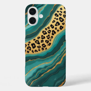 Funda iPhone 16 Plus Agato verde azulado y de leopardo de oro