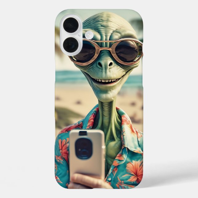Funda iPhone 16 Plus Alien Beach Selfie Retro Art (Reverso )