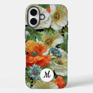 Funda iPhone 16 Plus Amapolas blancas y naranjas en Floral Inicial Negr