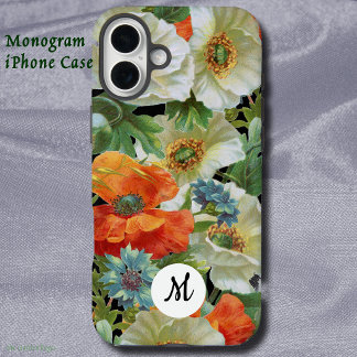 Funda iPhone 16 Plus Amapolas blancas y naranjas en Floral Inicial Negr