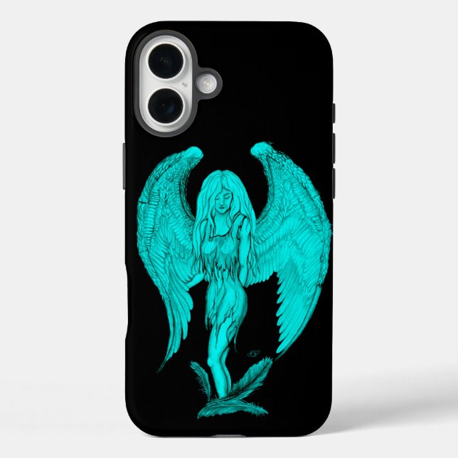 Funda iPhone 16 Plus Ángel, diseño negro y verde (Reverso )