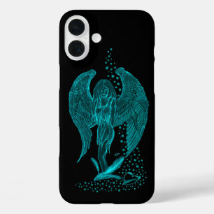 Funda iPhone 16 Plus Ángel perdido en el amor, negro y verde diseño
