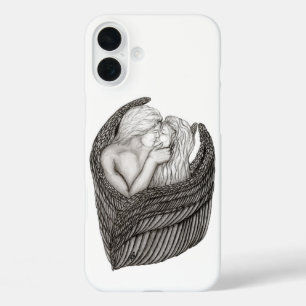 Funda iPhone 16 Plus Angels Kissing , diseño en blanco y negro