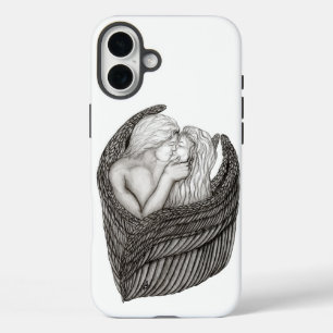 Funda iPhone 16 Plus Angels Kissing , diseño en blanco y negro