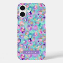 Funda iPhone 16 Plus Aqua Iridescent Leopard Print Monogrammed