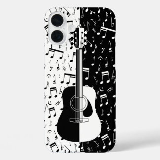 Funda iPhone 16 Plus Arte contemporáneo de notas de guitarra en blanco 