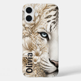 Funda iPhone 16 Plus Arte Floral de Tigre Blanco con Ojos Azules